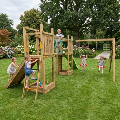 Parque infantil de madera Fungoo Maxi Exposure con tobogán, columpios, puente y estructura de escalada