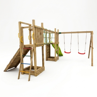 Parque infantil de madera Fungoo Maxi Exposure con tobogán, columpios, puente y estructura de escalada