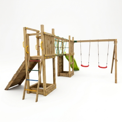 Parque infantil de madera Fungoo Maxi Exposure con tobogán, columpios, puente y estructura de escalada