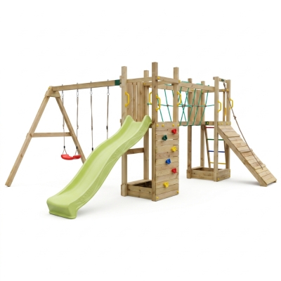 Parque infantil de madera Fungoo Maxi Exposure con tobogán, columpios, puente y estructura de escalada
