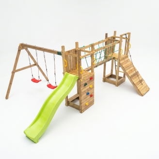 Parque infantil de madera Fungoo Maxi Exposure con tobogán, columpios, puente y estructura de escalada