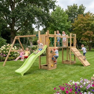 Parque infantil de madera Fungoo Maxi Exposure con tobogán, columpios, puente y estructura de escalada