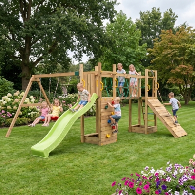 Parque infantil de madera Fungoo Maxi Exposure con tobogán, columpios, puente y estructura de escalada
