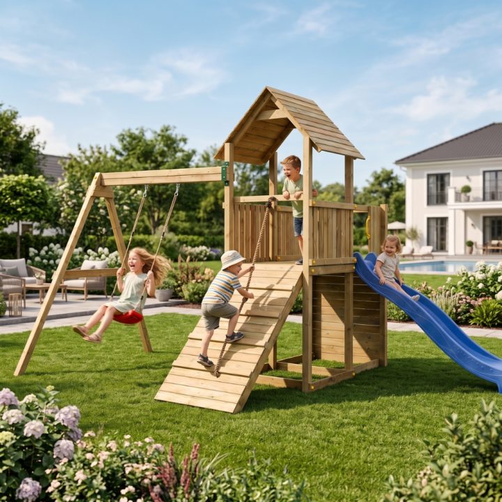 Juegos de jardín - Tobogán de madera, columpio y escalada Carol 3