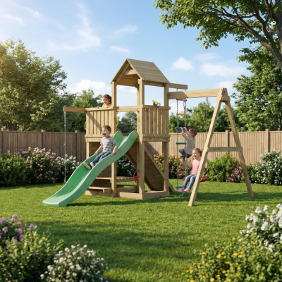 Juegos de jardín - Fungoo ACTIVER KDI Casa de juegos de madera con tobogán...