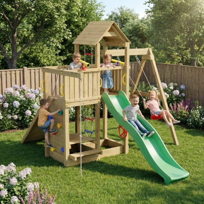 Juegos de jardín - Fungoo ACTIVER KDI Casa de juegos de madera con tobogán...