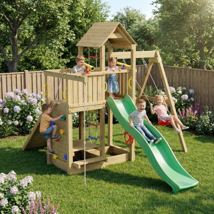 Casita de madera con tobogán y columpio Fungoo Activer KDI