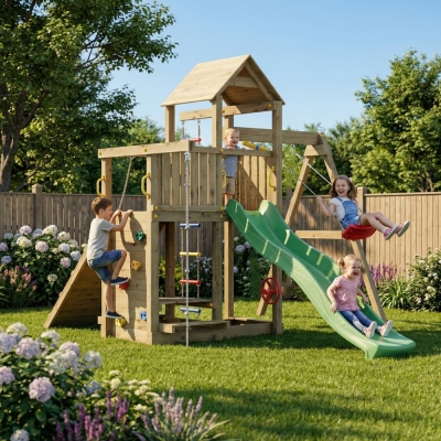 Juegos de jardín - Fungoo ACTIVER KDI Casa de juegos de madera con tobogán...