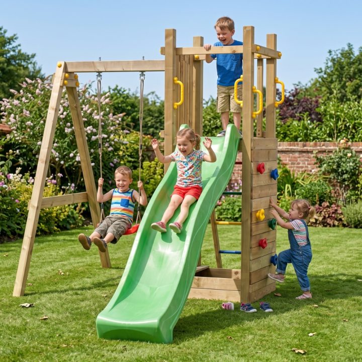 Juegos de jardín - Tobogán y columpio de madera Fungoo Funny 3-Gior