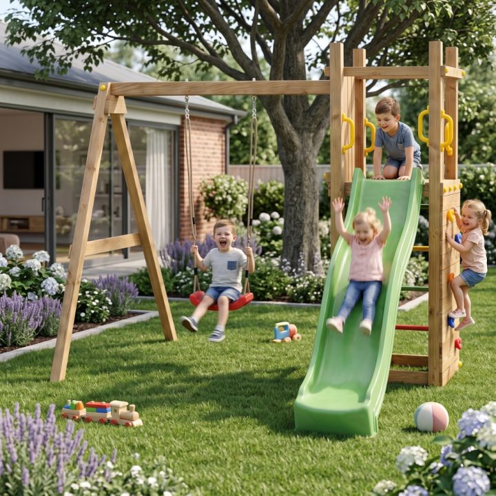 Juegos de jardín - Tobogán y columpio de madera Fungoo Funny 3-Gior